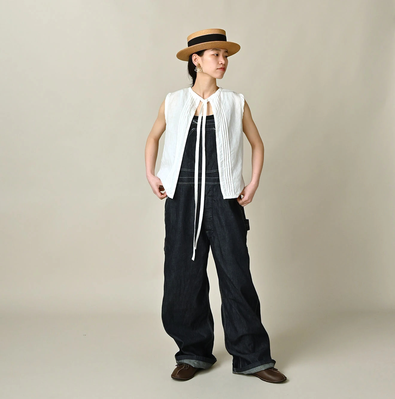 45R(フォーティファイブアール) |リネンのピンタックレースノースリーブトップ