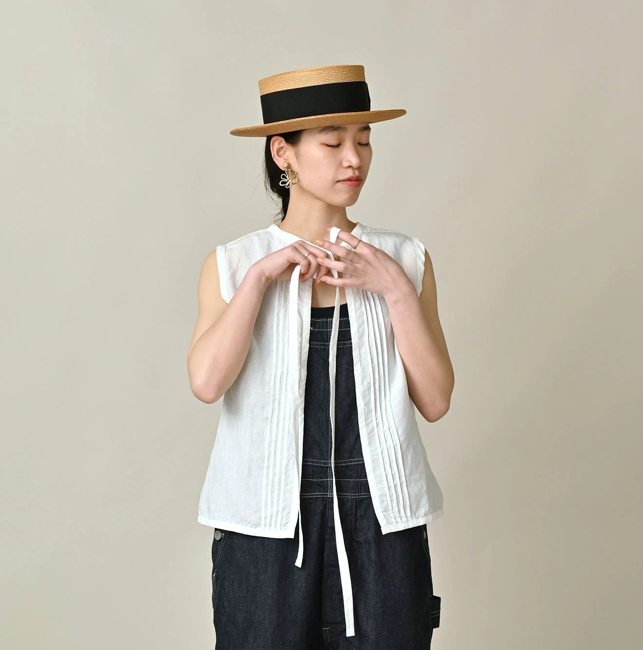 45R(フォーティファイブアール) |リネンのピンタックレースノースリーブトップ