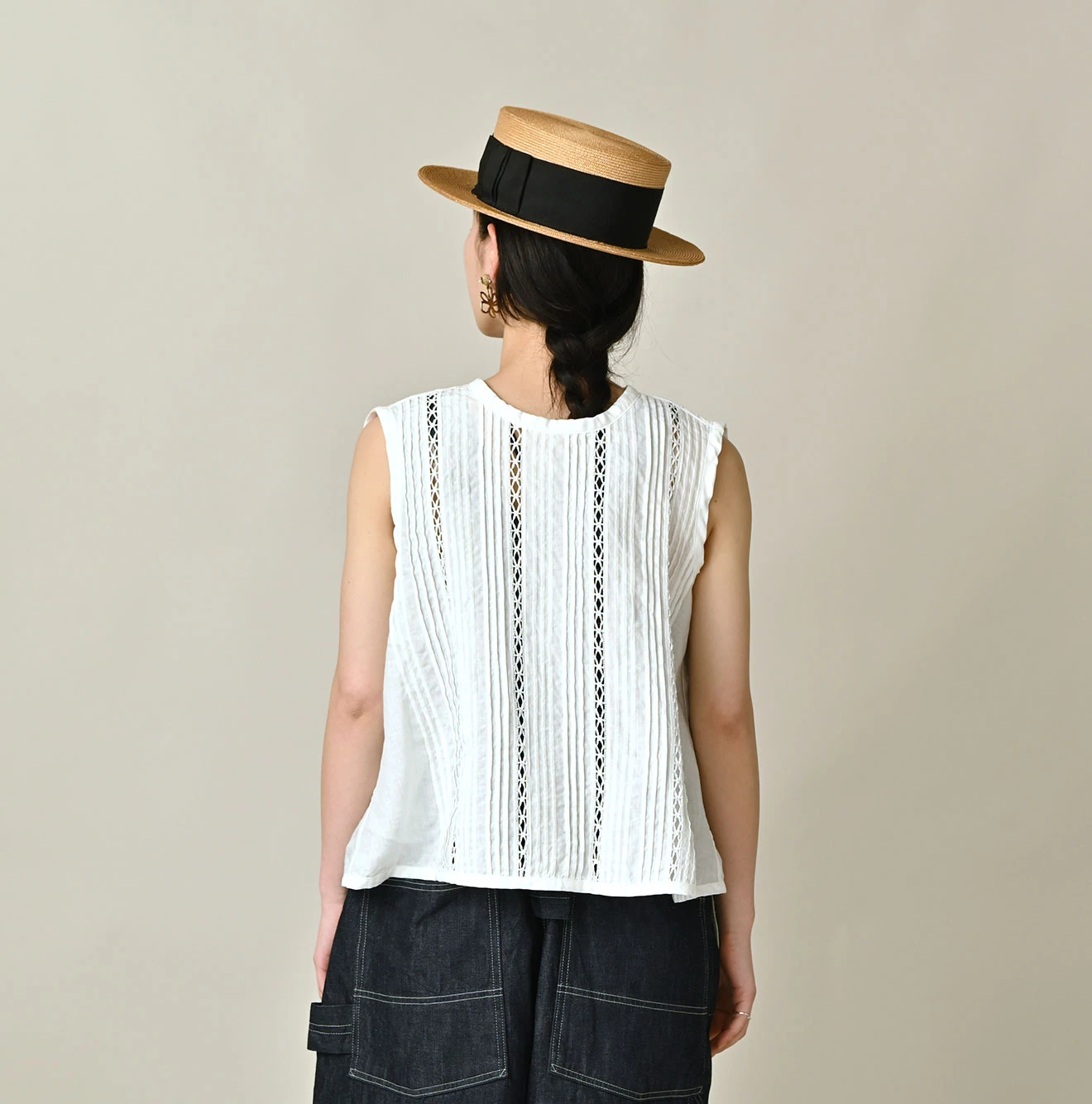 45R(フォーティファイブアール) |リネンのピンタックレースノースリーブトップ