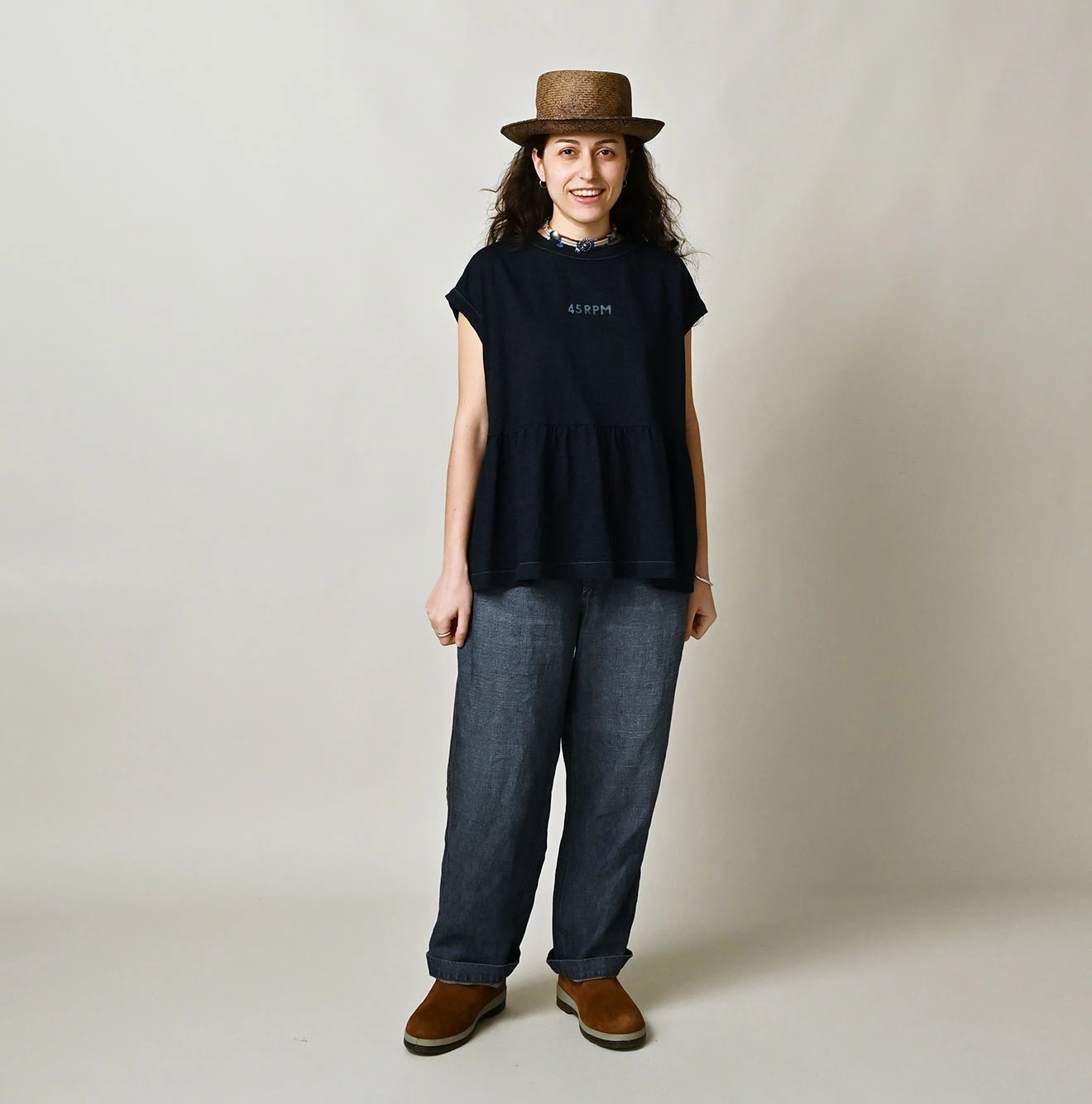 45R(フォーティファイブアール) |ピッコロゴプリントのギャザーMキャミ（インディゴ）