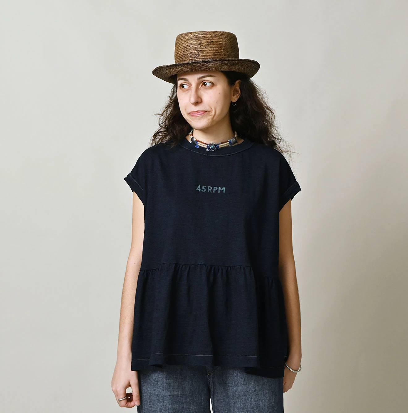 45R(フォーティファイブアール) |ピッコロゴプリントのギャザーMキャミ（インディゴ）