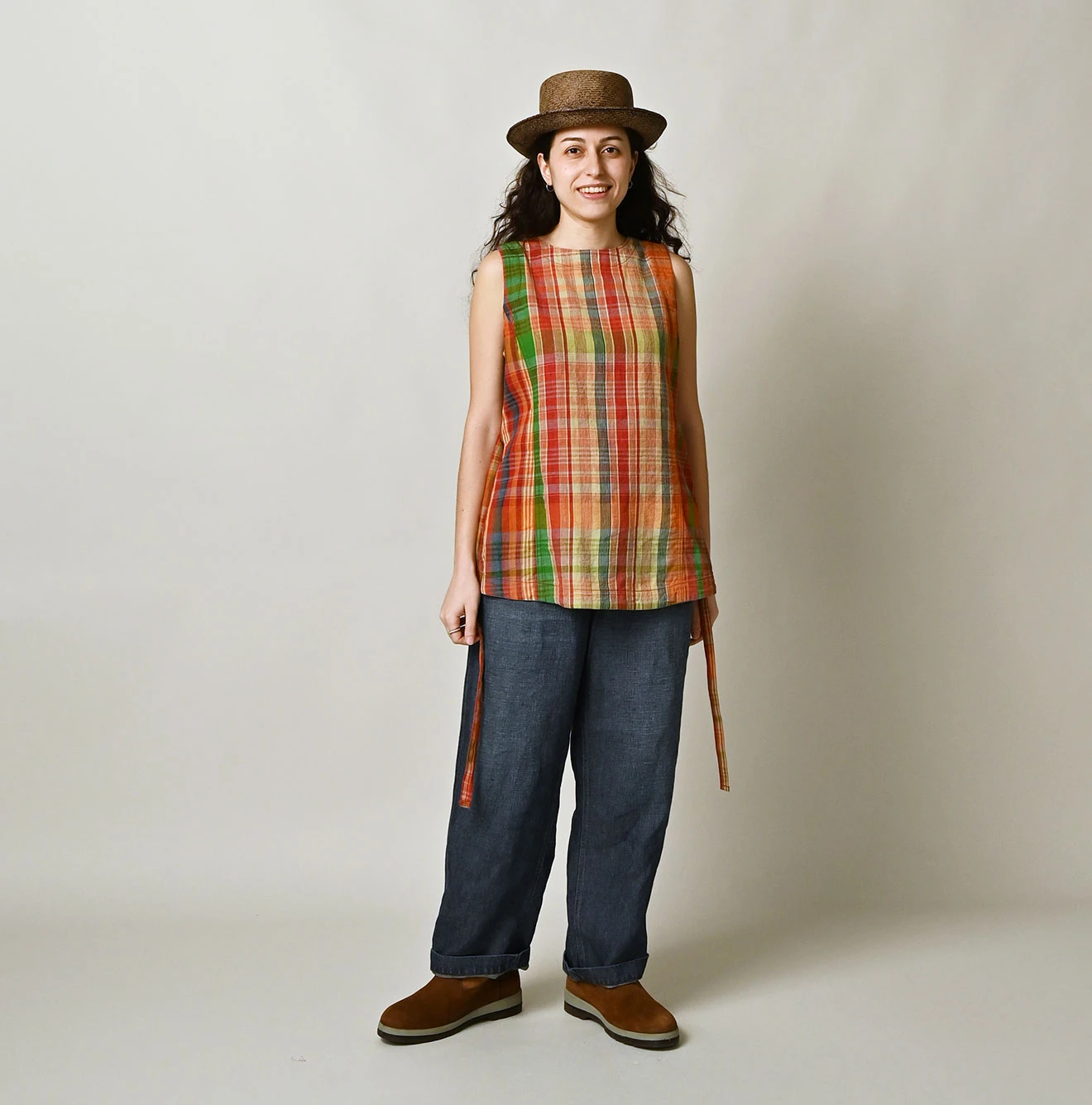 45R(フォーティファイブアール) |インド草木染マドラスチェックのオープンノースリーブ