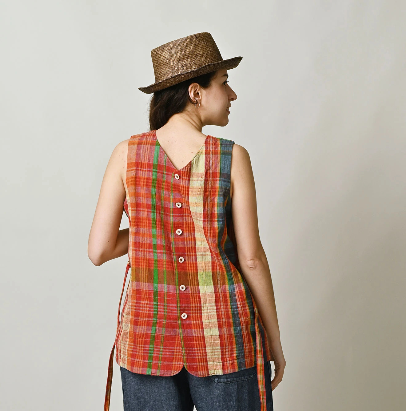 45R(フォーティファイブアール) |インド草木染マドラスチェックのオープンノースリーブ