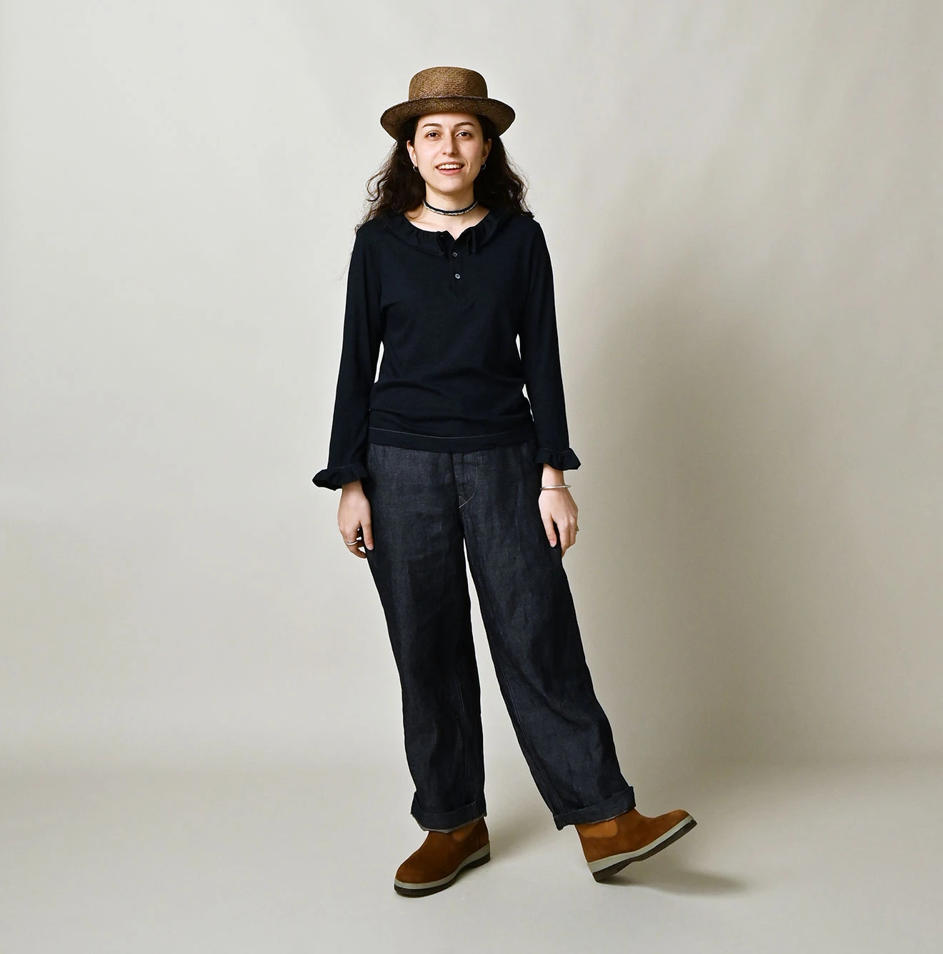 45R(フォーティファイブアール) |ガーゼ天竺のフリルヘンリー（インディゴ）