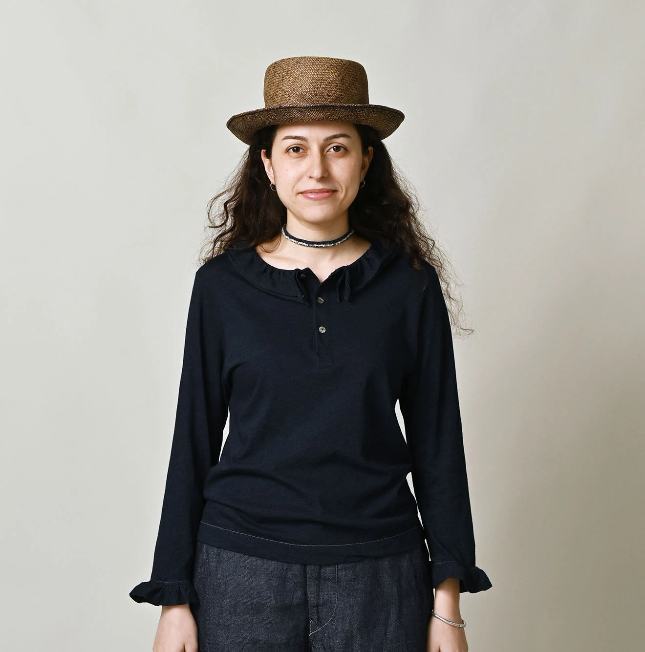 45R(フォーティファイブアール) |ガーゼ天竺のフリルヘンリー（インディゴ）