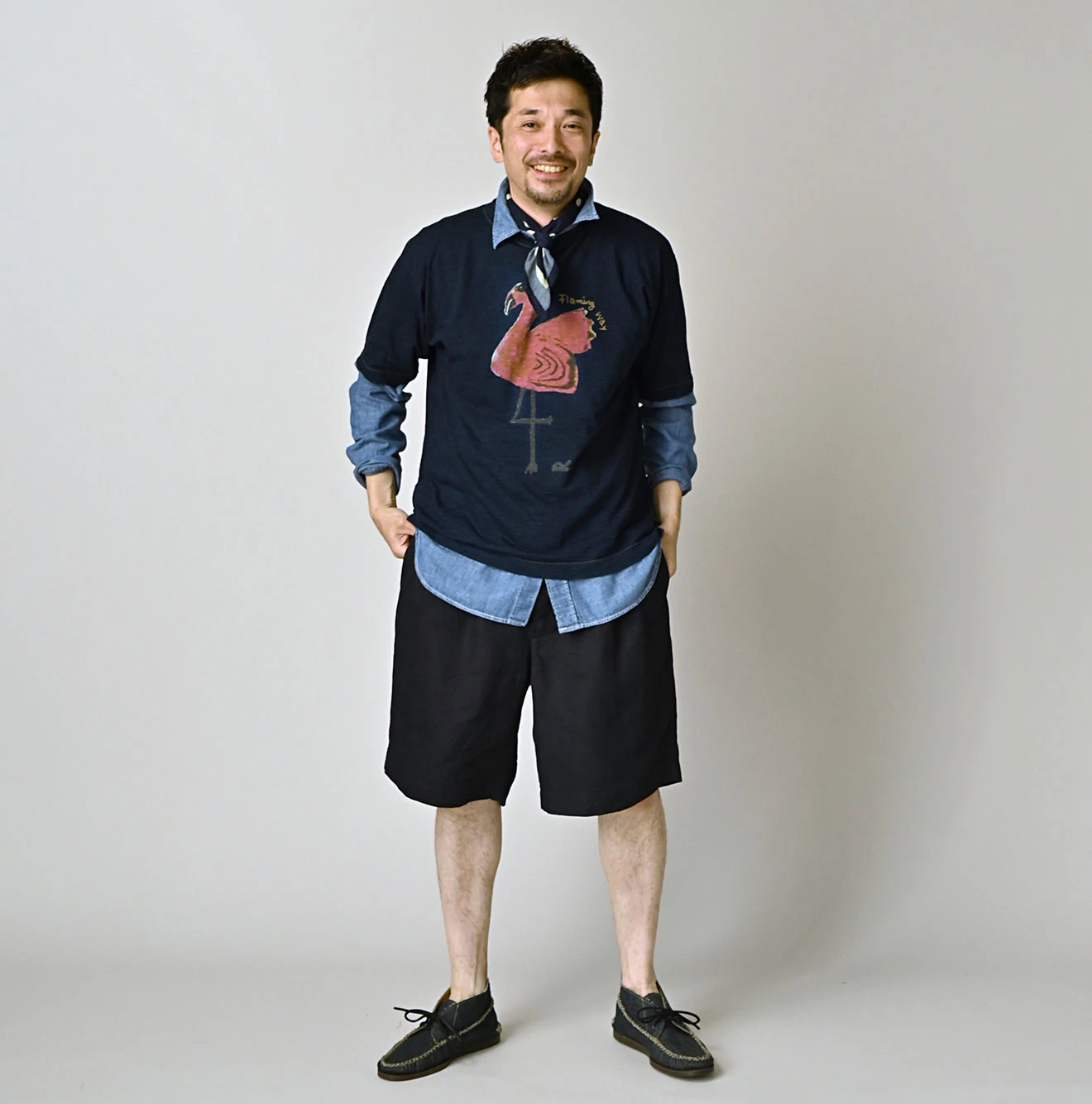 45R(フォーティファイブアール) |ベタッチフラミングウェイくんプリントの908 45星Tシャツ（インディゴ）