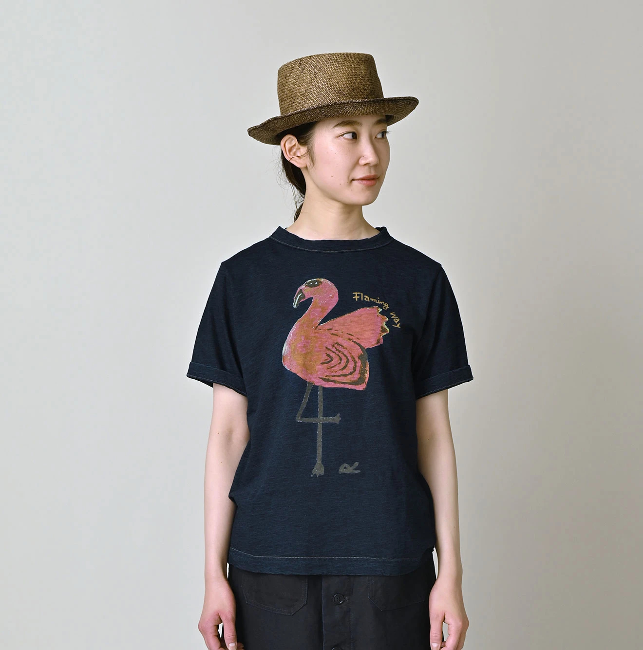 45R(フォーティファイブアール) |ベタッチフラミングウェイくんプリントの908 45星Tシャツ（インディゴ）