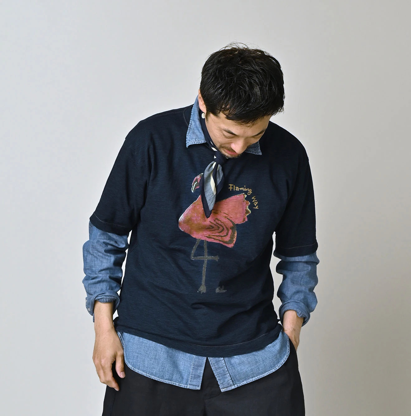 45R(フォーティファイブアール) |ベタッチフラミングウェイくんプリントの908 45星Tシャツ（インディゴ）