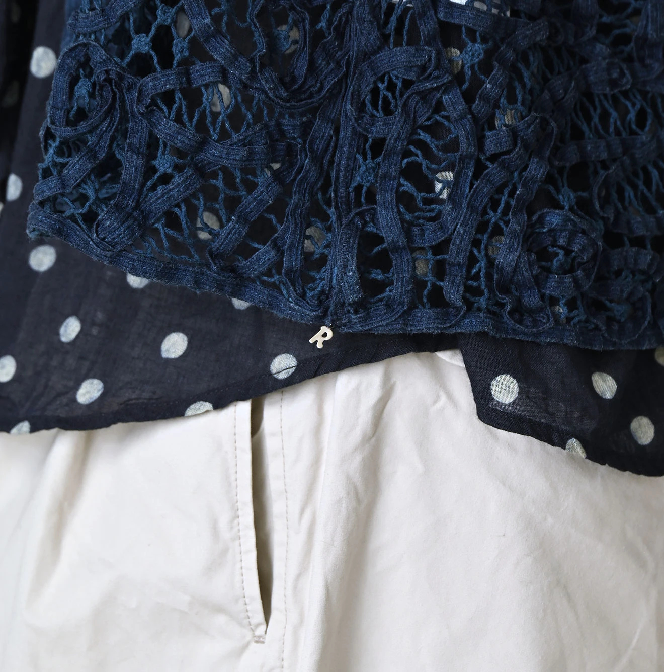 45R(フォーティファイブアール) |リネンリボンバテン刺繍のボレロ（藍）