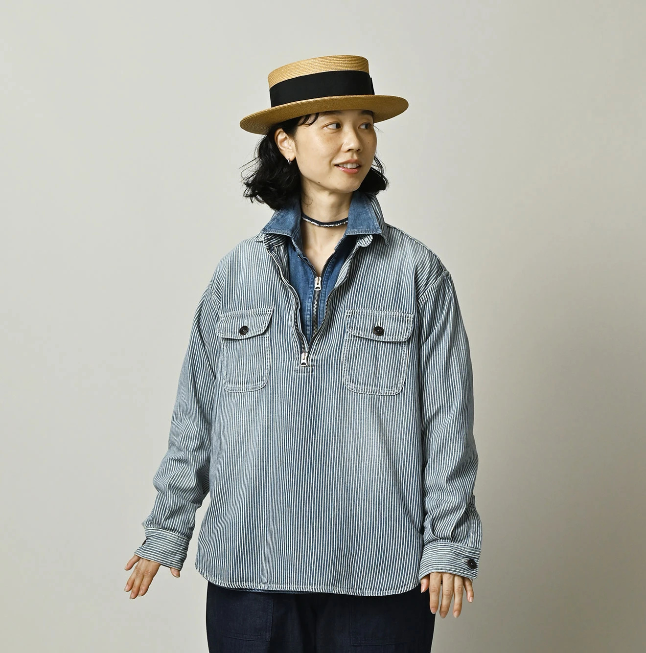 【美品】45R ゴマデニムのリリープリント908オーシャンシャツ（加工） 45R（フォーティファイブアール）| 小麦デニムの908山プルシャツ（加工