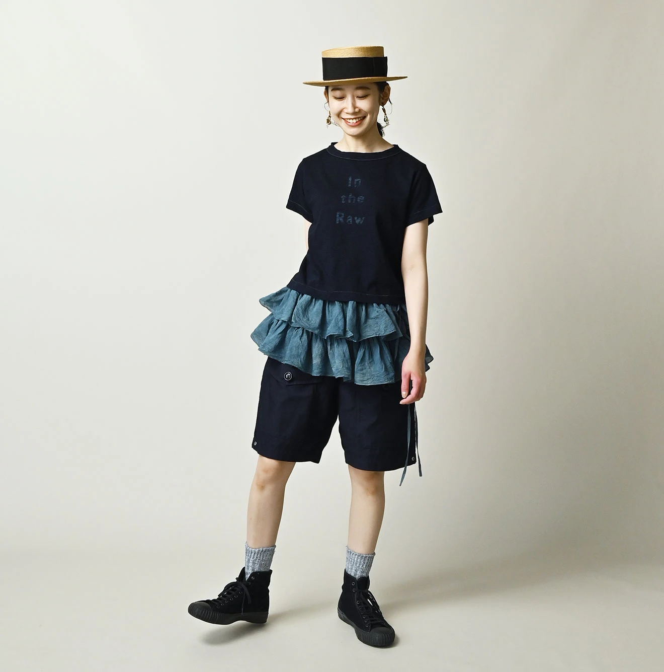 45R(フォーティファイブアール) |In the Rawプリントのチビ比女Tシャツ（インディゴ）