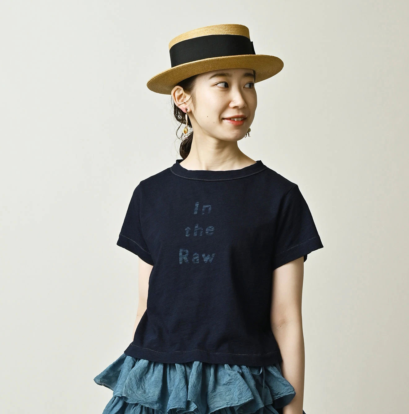 45R(フォーティファイブアール) |In the Rawプリントのチビ比女Tシャツ（インディゴ）