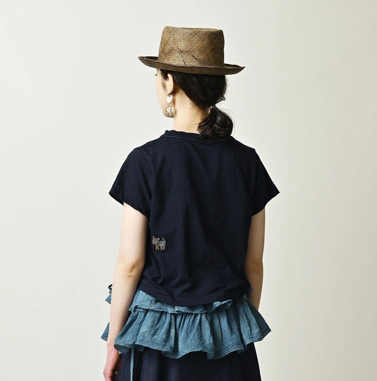 45R(フォーティファイブアール) |ドンキーくん刺繍のチビ比女ロゴTシャツ（インディゴ）