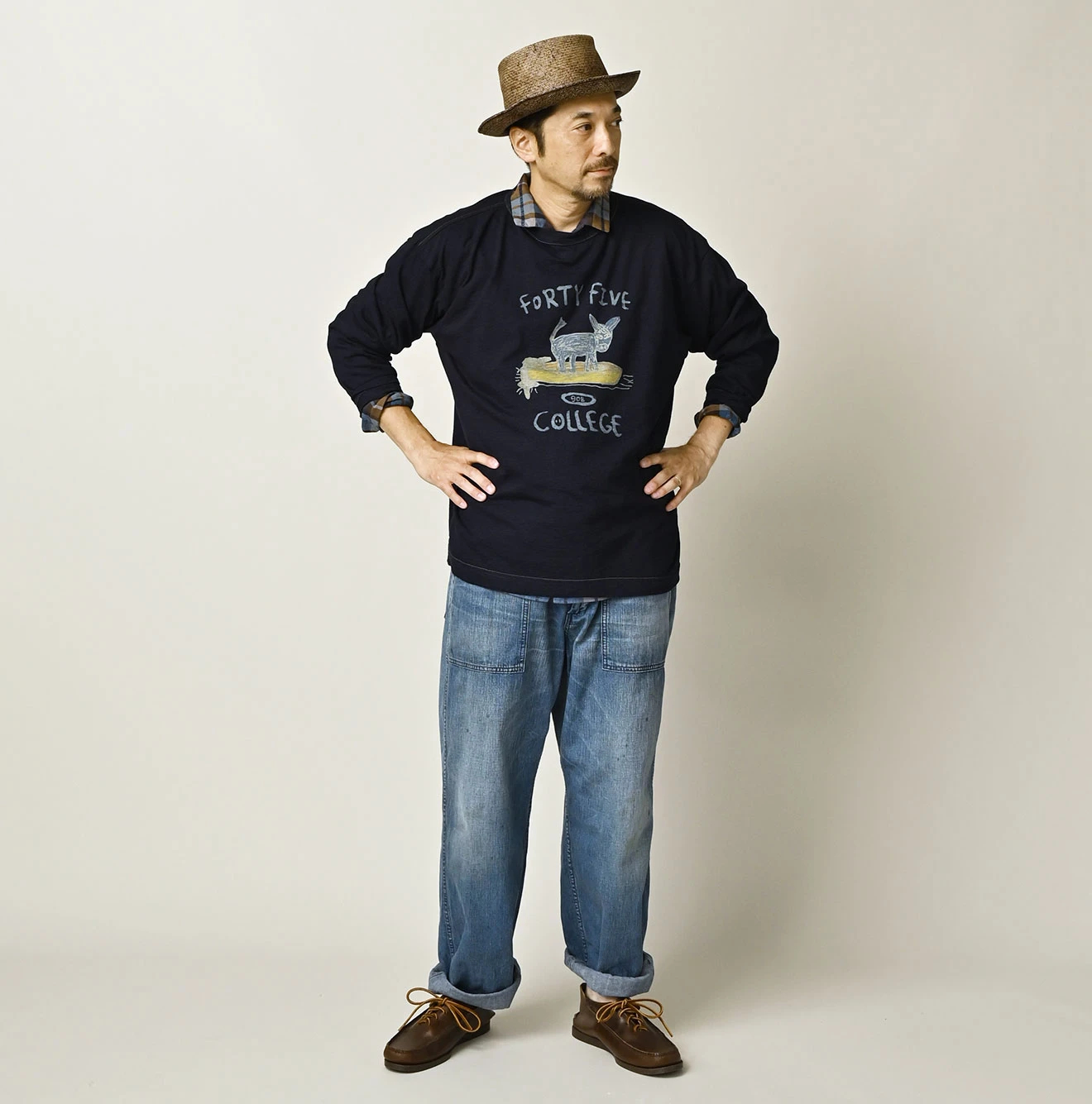 45R(フォーティファイブアール) |ドンキーカレッジプリントの908長袖Tシャツ（インディゴ）