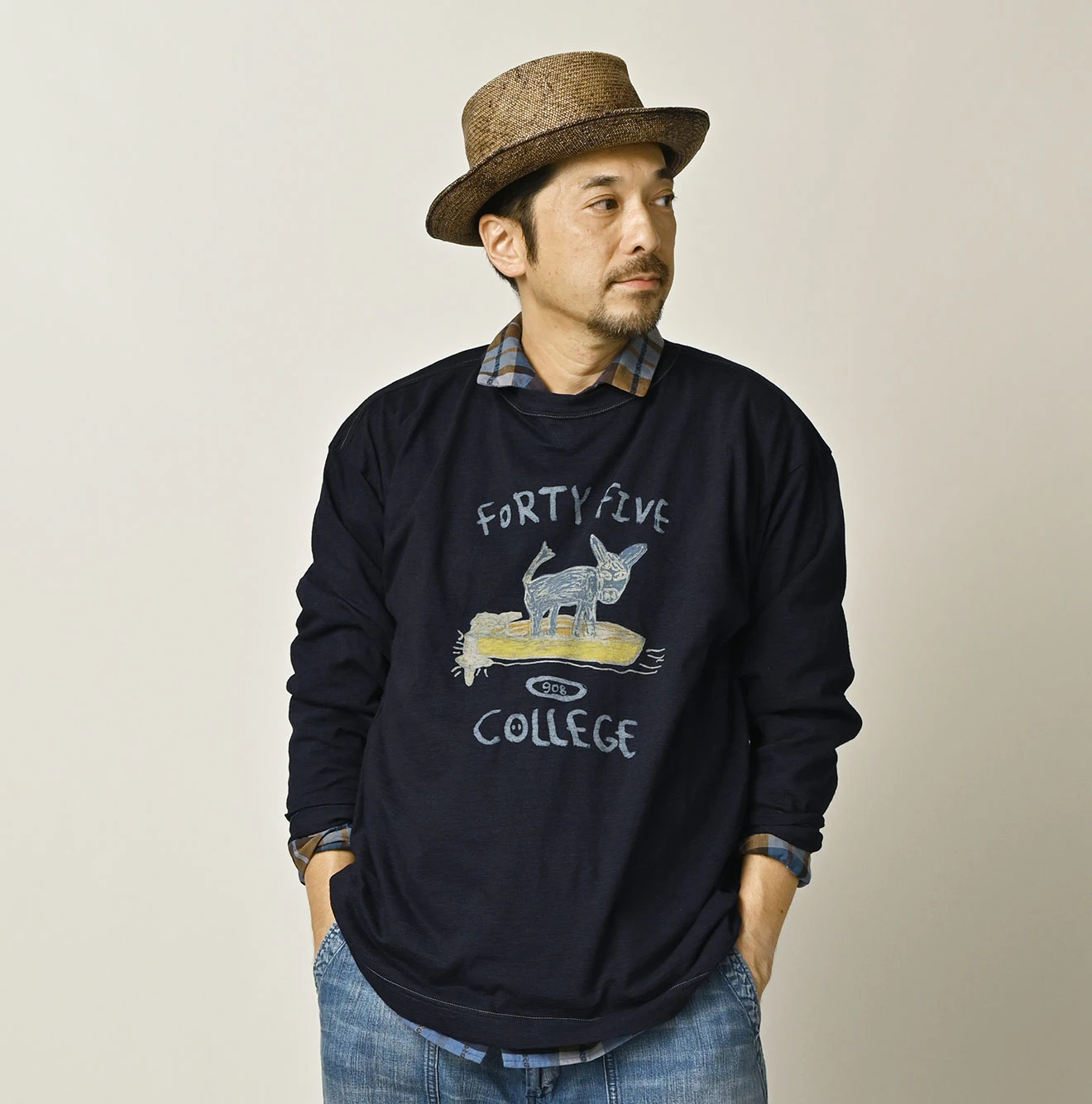 45R(フォーティファイブアール) |ドンキーカレッジプリントの908長袖Tシャツ（インディゴ）