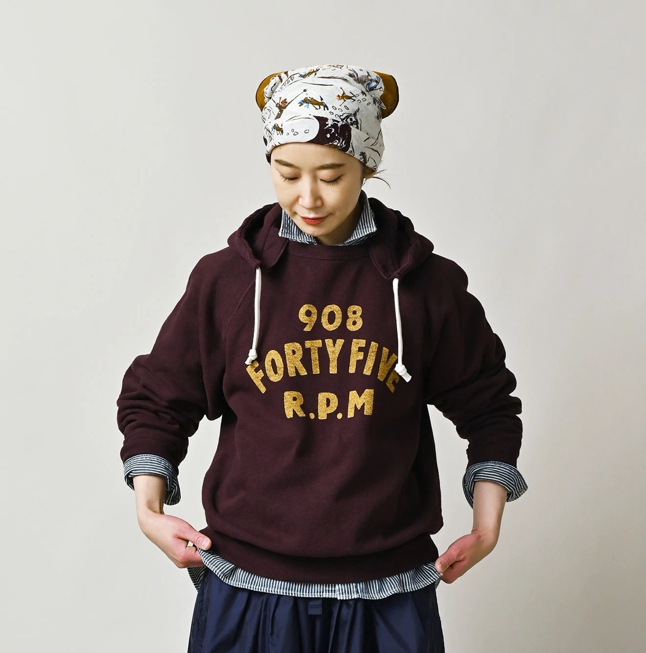 45R(フォーティファイブアール) |カレッジプリント裏毛の巾着フード