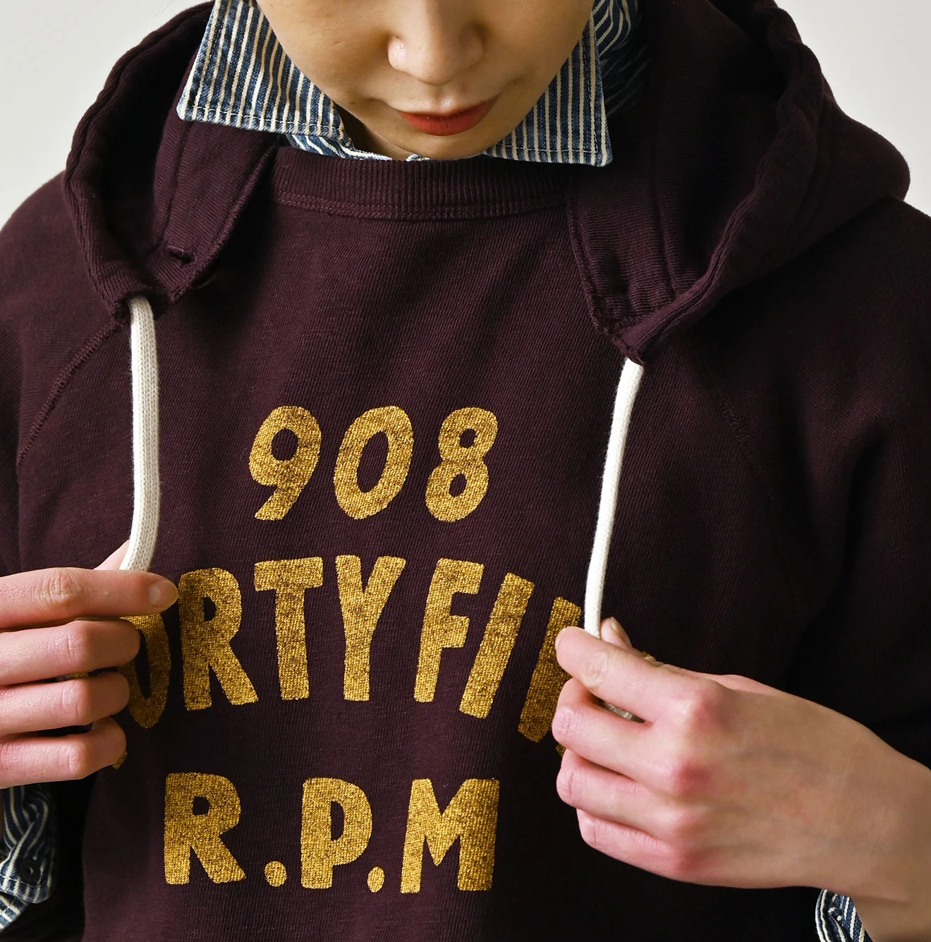 45R(フォーティファイブアール) |カレッジプリント裏毛の巾着フード