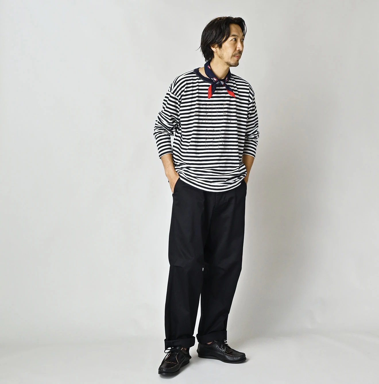 45R(フォーティファイブアール) |ボーダーロゴプリントの908長袖海比古Tシャツ