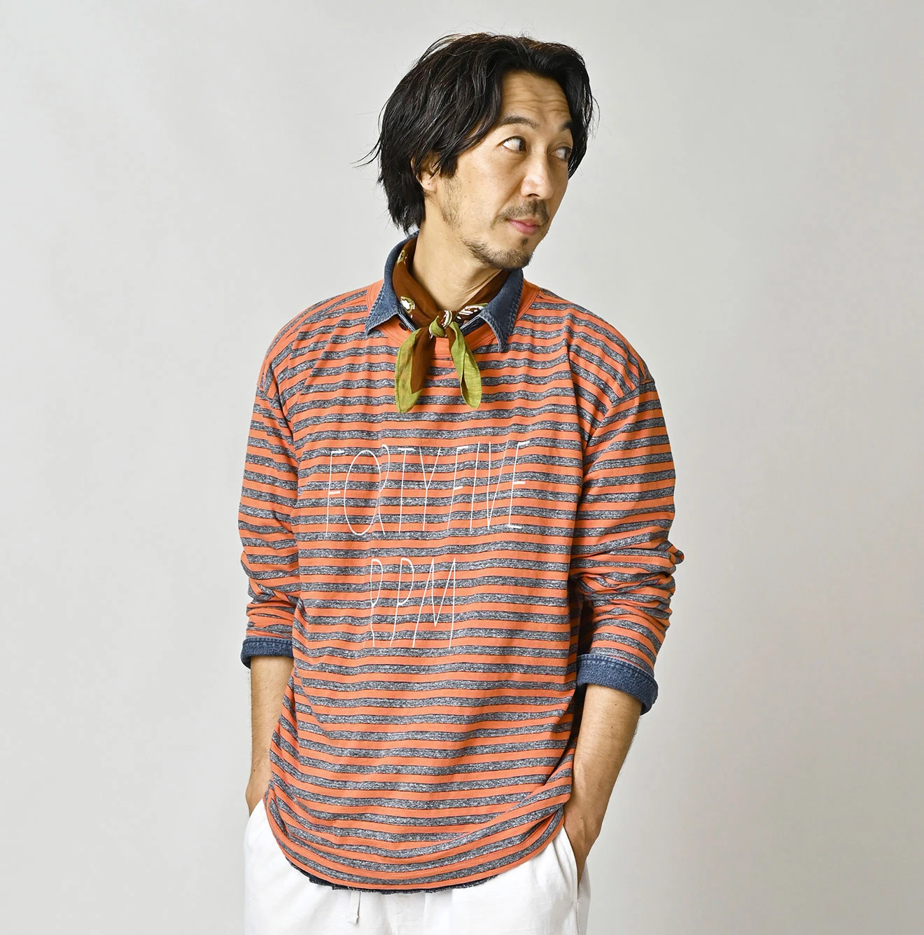 45R(フォーティファイブアール) |ボーダーロゴプリントの908長袖海比古Tシャツ（トップ）