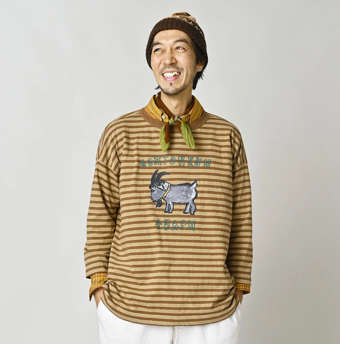 45R(フォーティファイブアール) |ボーダーベタッチゴートンくんプリントの908ビッグスリット比古Tシャツ