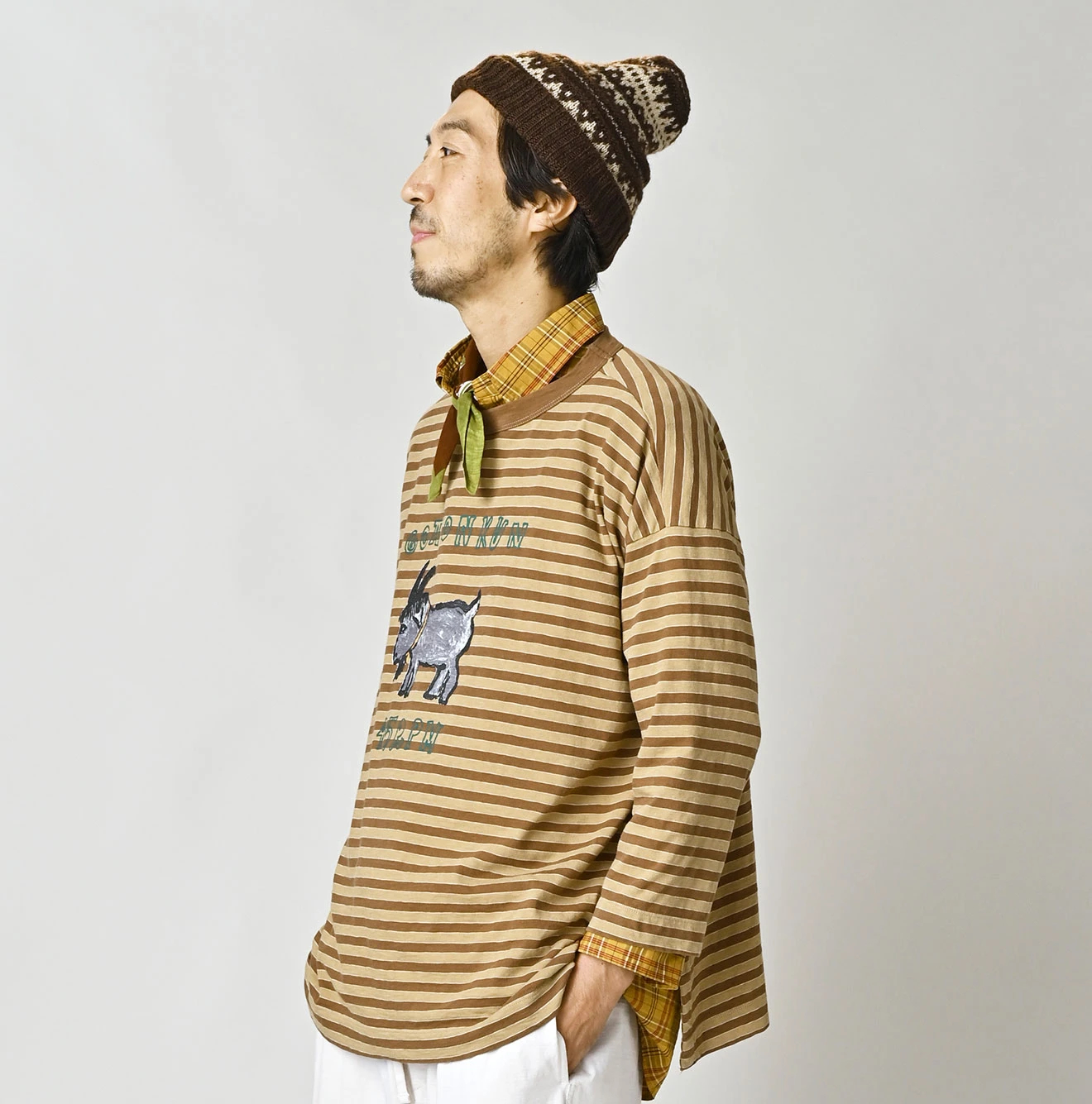 45R(フォーティファイブアール) |ボーダーベタッチゴートンくんプリントの908ビッグスリット比古Tシャツ